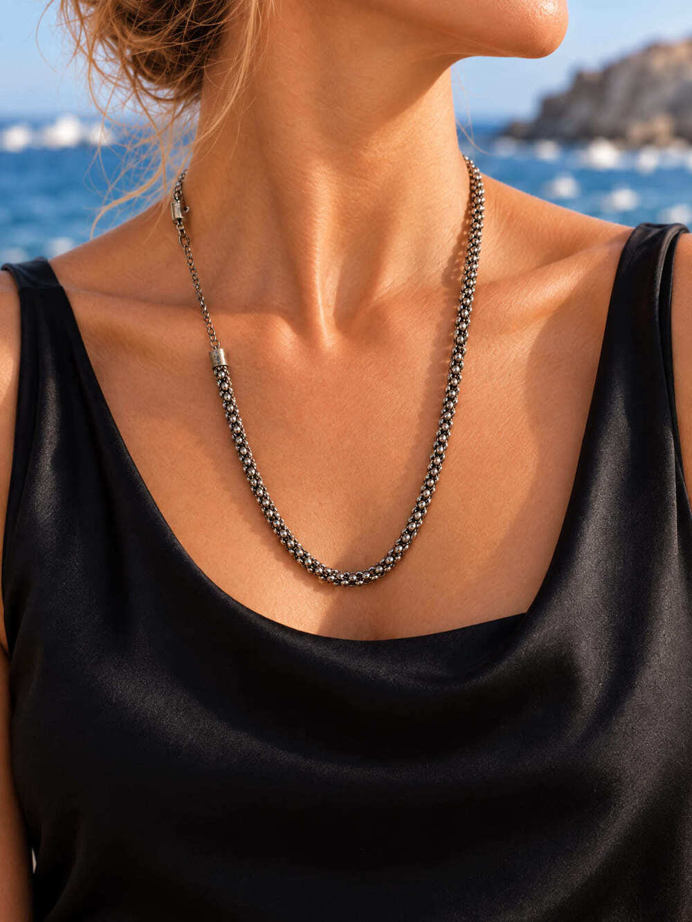 ⚜️ Silver-Tone Beaded Chain Necklace | Oxidized Mesh | Layering 💗